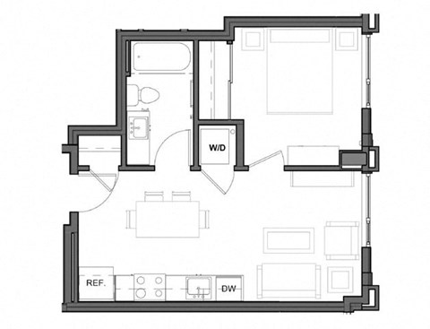 Floor plan for 1 bed, 1 bath, 500 sqft